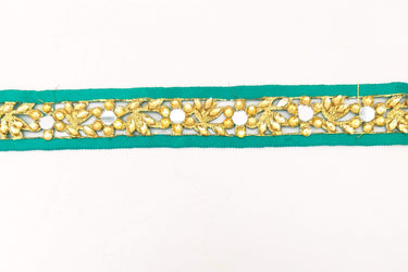 Dark Green Satin Ribbon Floral Cutwork Lace Trim Embellished with Real Mirrors and Kundan Beads, Decorative Trim, Trim By 3 Yards